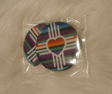 Load image into Gallery viewer, New Mexico Zia Symbol with Heart Center Serape Background Neoprene Car Coasters
