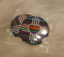 Load image into Gallery viewer, New Mexico Zia Symbol with Heart Center Serape Background Neoprene Car Coasters