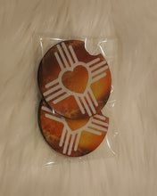 Load image into Gallery viewer, New Mexico Zia Symbol with Heart Center Burnt Orange and Gold Background Neoprene Car Coasters