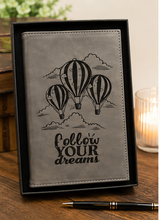 Load image into Gallery viewer, Follow Your Dreams Engraved Leather Journal | Hot Air Balloon Notebook | Inspirational Journal | Graduation Gift | Dream Big Gift | New Mexico Inspired