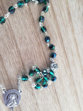 Load image into Gallery viewer, Emerald Green Faceted Preciosa Czech Crystal and Silver Tone Rose Beaded Rosary
