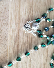 Load image into Gallery viewer, Emerald Green Faceted Preciosa Czech Crystal and Silver Tone Rose Beaded Rosary