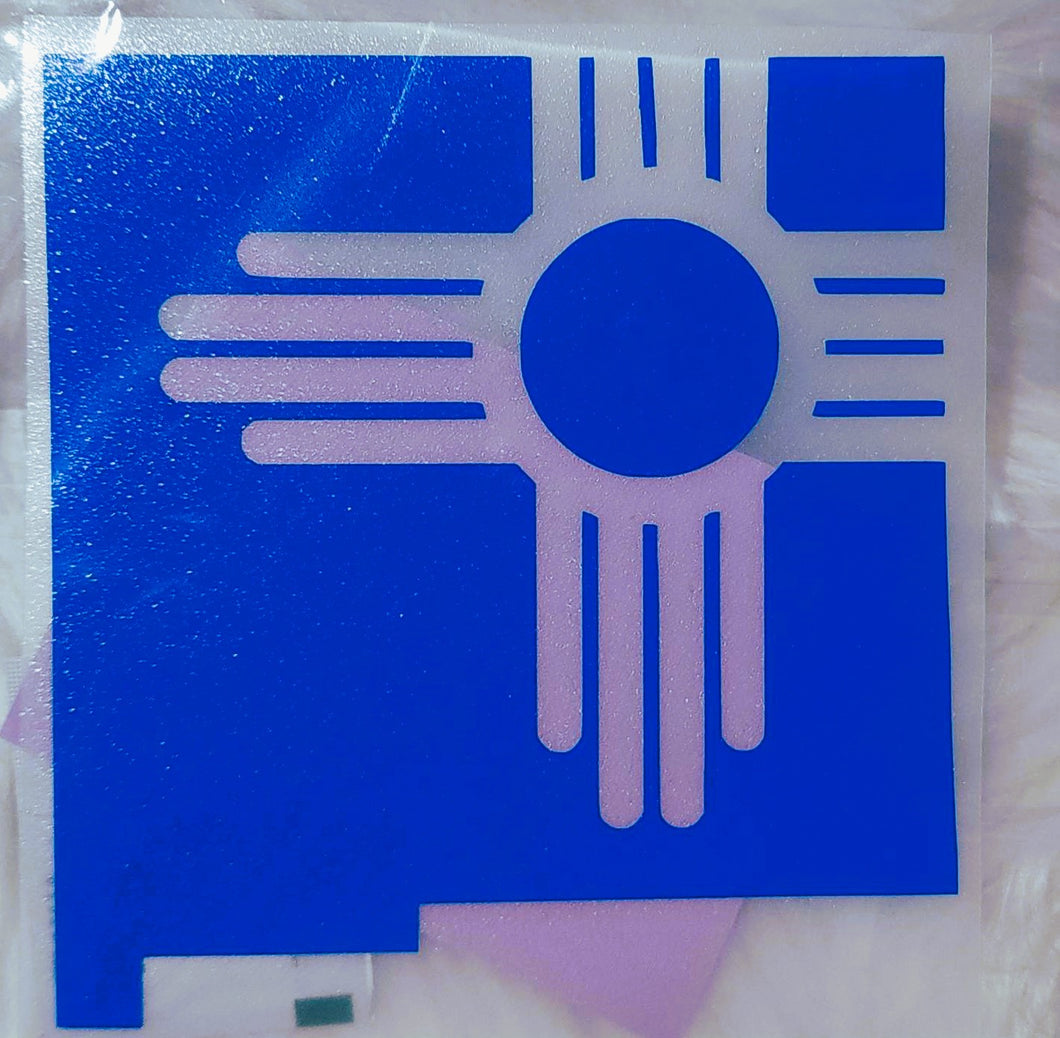 New Mexico Zia Symbol in State of New Mexico Outline Decal