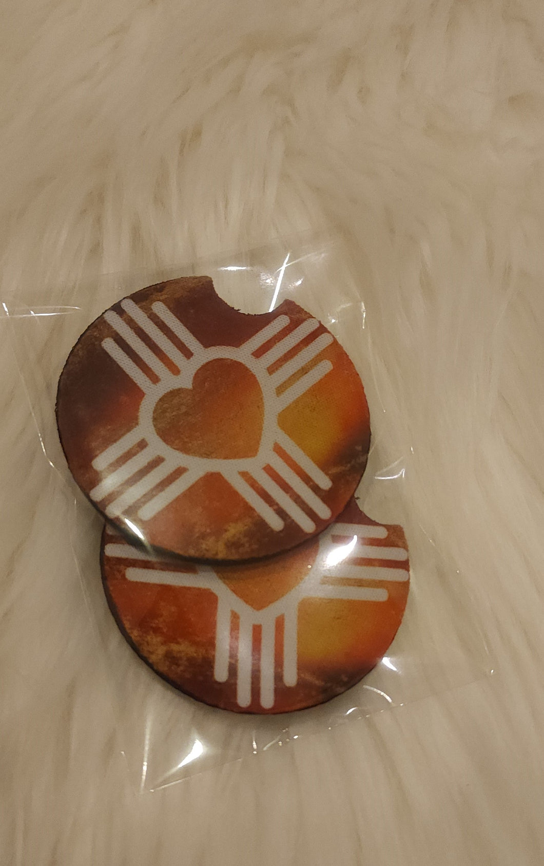 New Mexico Zia Symbol with Heart Center Burnt Orange and Gold Background Neoprene Car Coasters