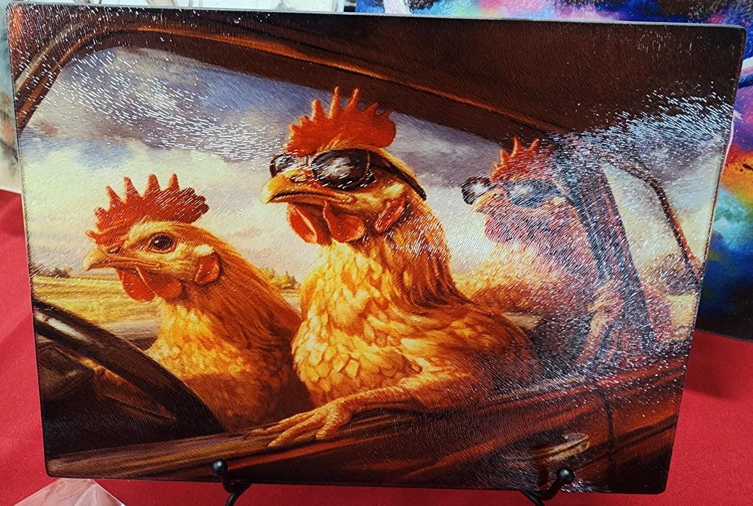 Cool Cruising Chickens Sublimated Glass Cutting Board