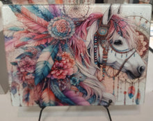 Load image into Gallery viewer, Watercolor Feather Horse Sublimated Glass Cutting Board
