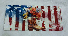 Load image into Gallery viewer, All American Distressed Flag and Boot with flowers License Plate
