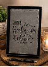 Load image into Gallery viewer, Where God Guides He Provides Isaiah 58:11 Engraved Leather Journal | Christian Prayer Journal | Bible Study Notebook | Faith Gift | Inspirational Journal
