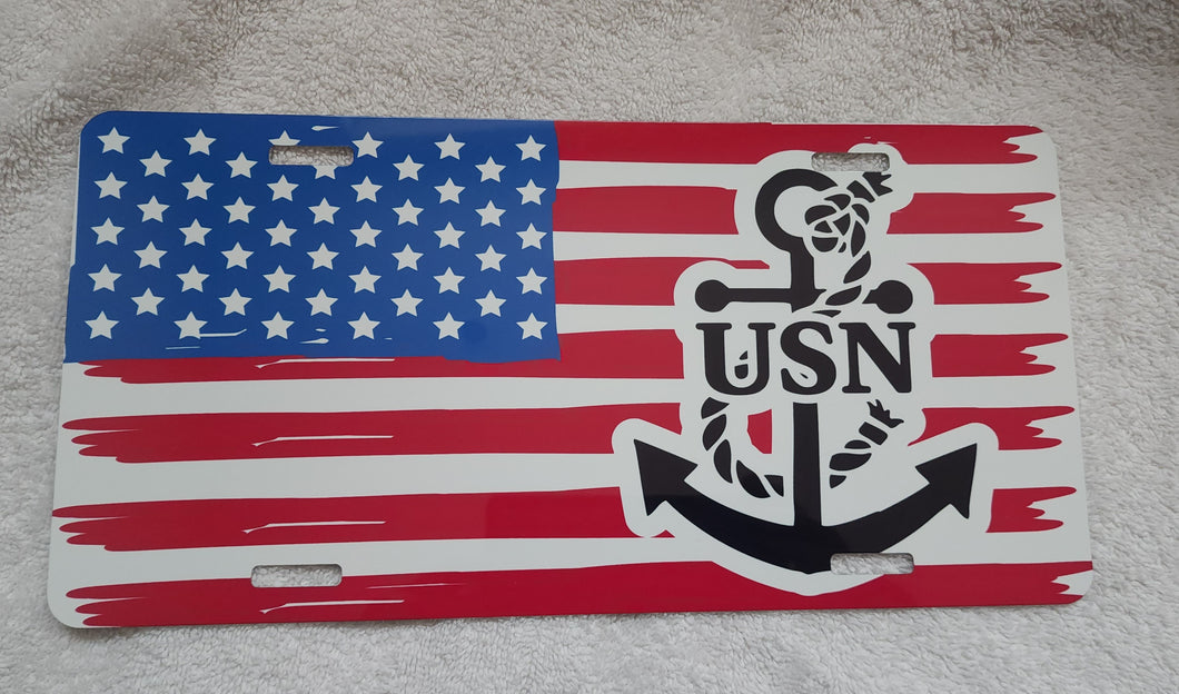 American Flag with U.S.N. Emblem License Plate